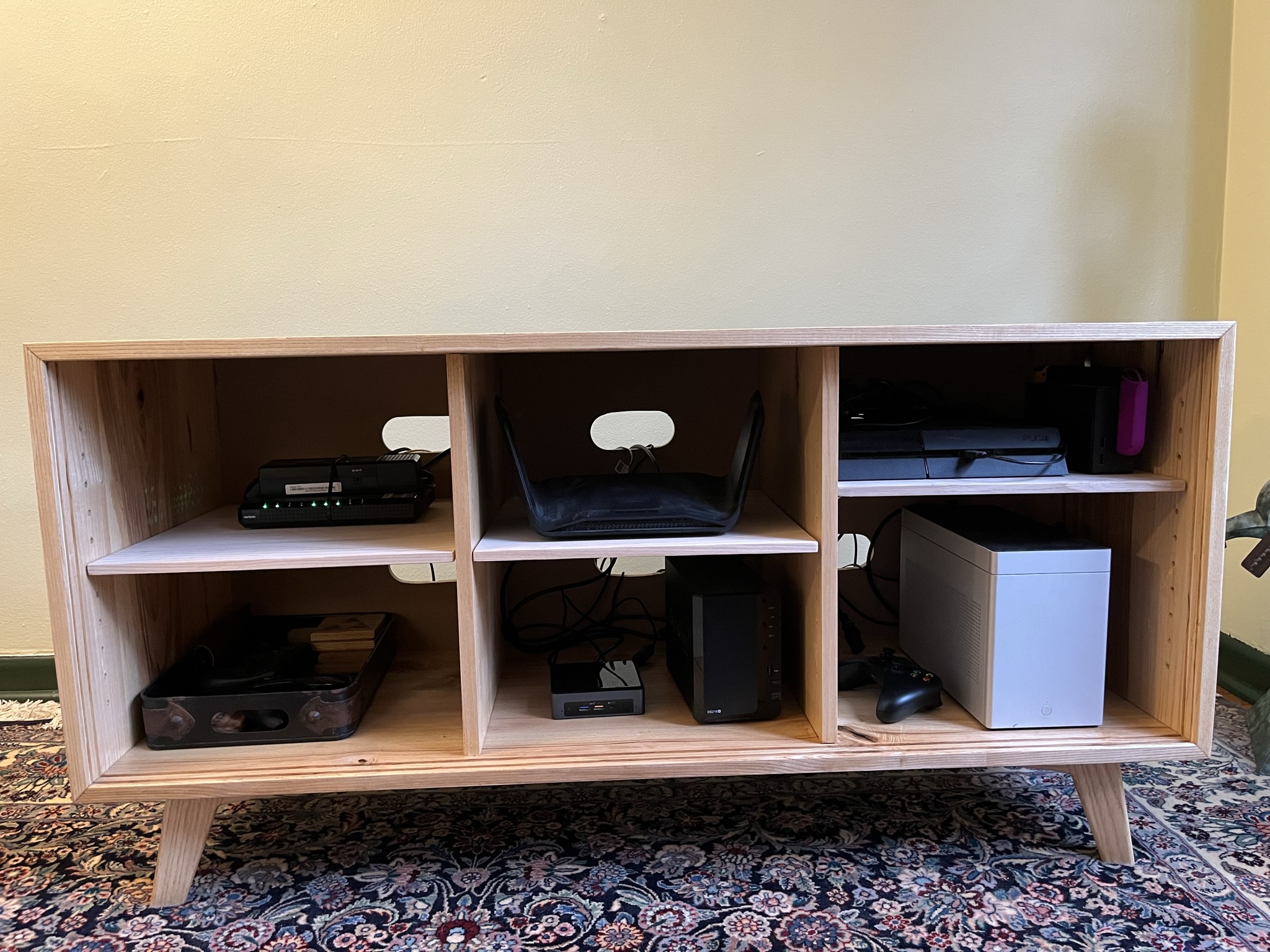 Media console made of ash, with doors off